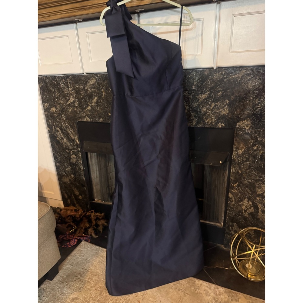 Navy Blue One Shoulder Satin Bow Formal Gown Trumpet Maxi Dress